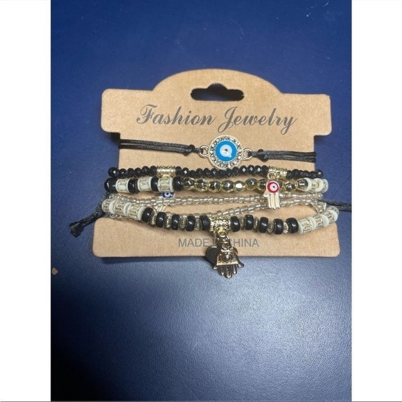 Black WOMEN'S Beaded Multilayer Bracelet Set Boho Hamsa Evil Eye Bracelet - Picture 2 of 2